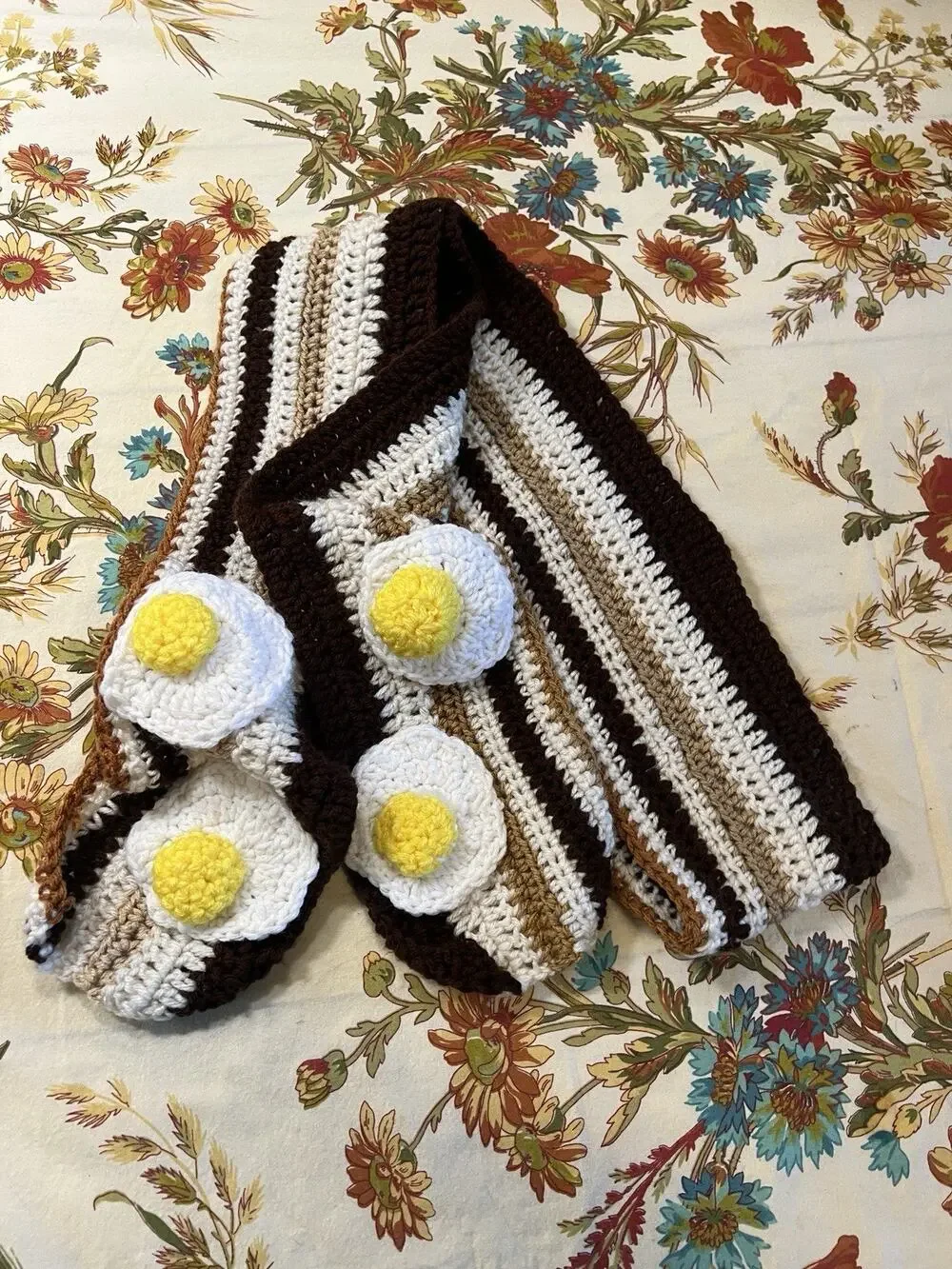 Handmade Crochet Bacon & Eggs Scarf 72”x5”